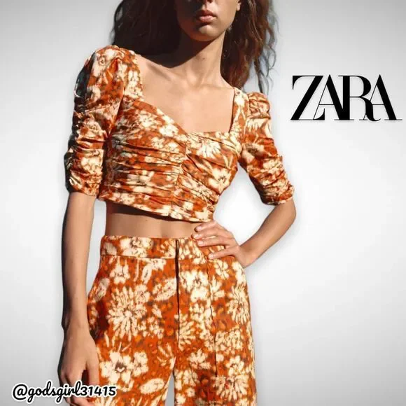 NWT Zara Printed Drape Crop Top Square Neck Orange Floral Sz XS - Picture 2 of 10